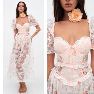 For Love & Lemons Tessa Floral Appliqué Embroidered Sheer Midi Dress Sz XXS